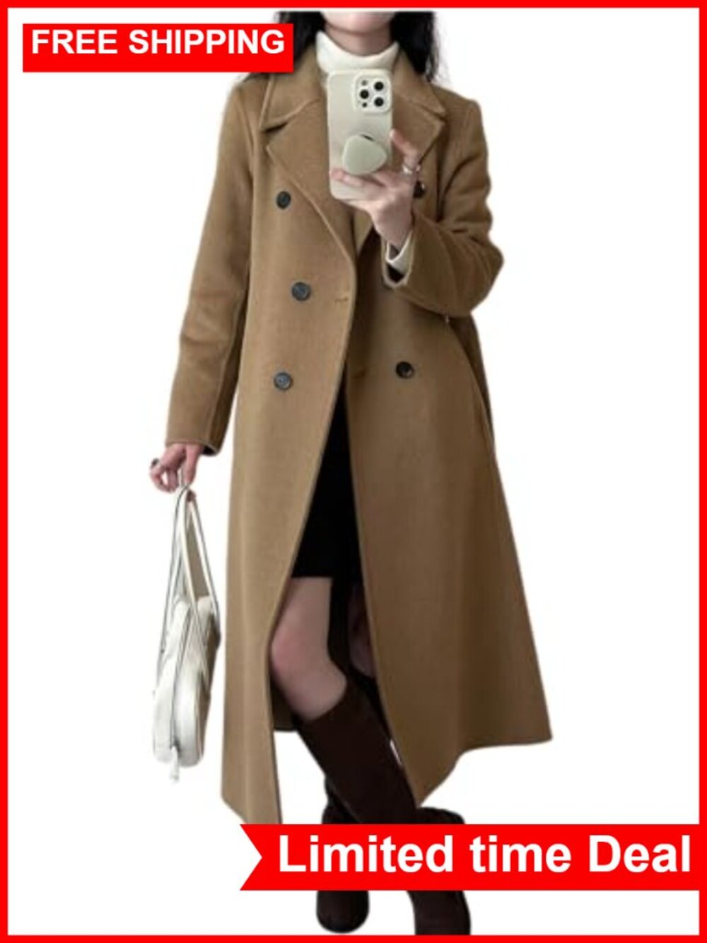 Women's Double Breasted Pea Coat Belted Wool Blend Trench Coat Loose Fit